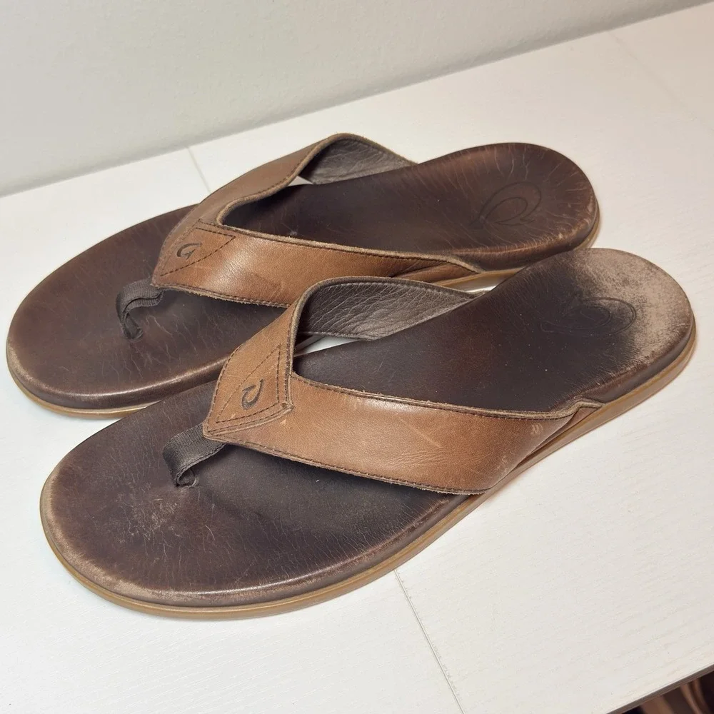 OluKai Nalukai Leather Flip Flop Thong Sandals Brown 10386-6363 Men's Sz 14